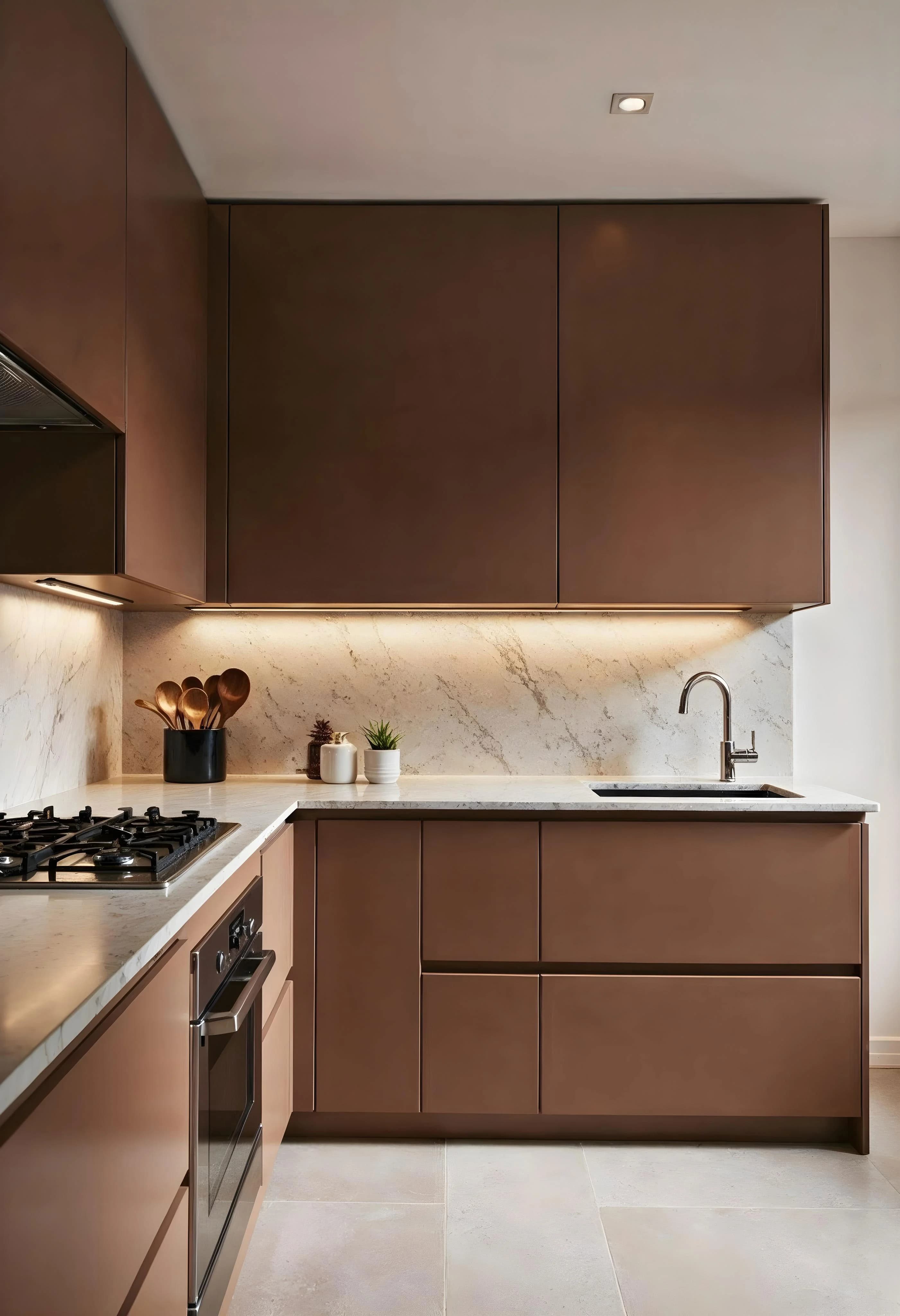 Cozinha decorada em tons terrosos com destaque para marrom e madeira.