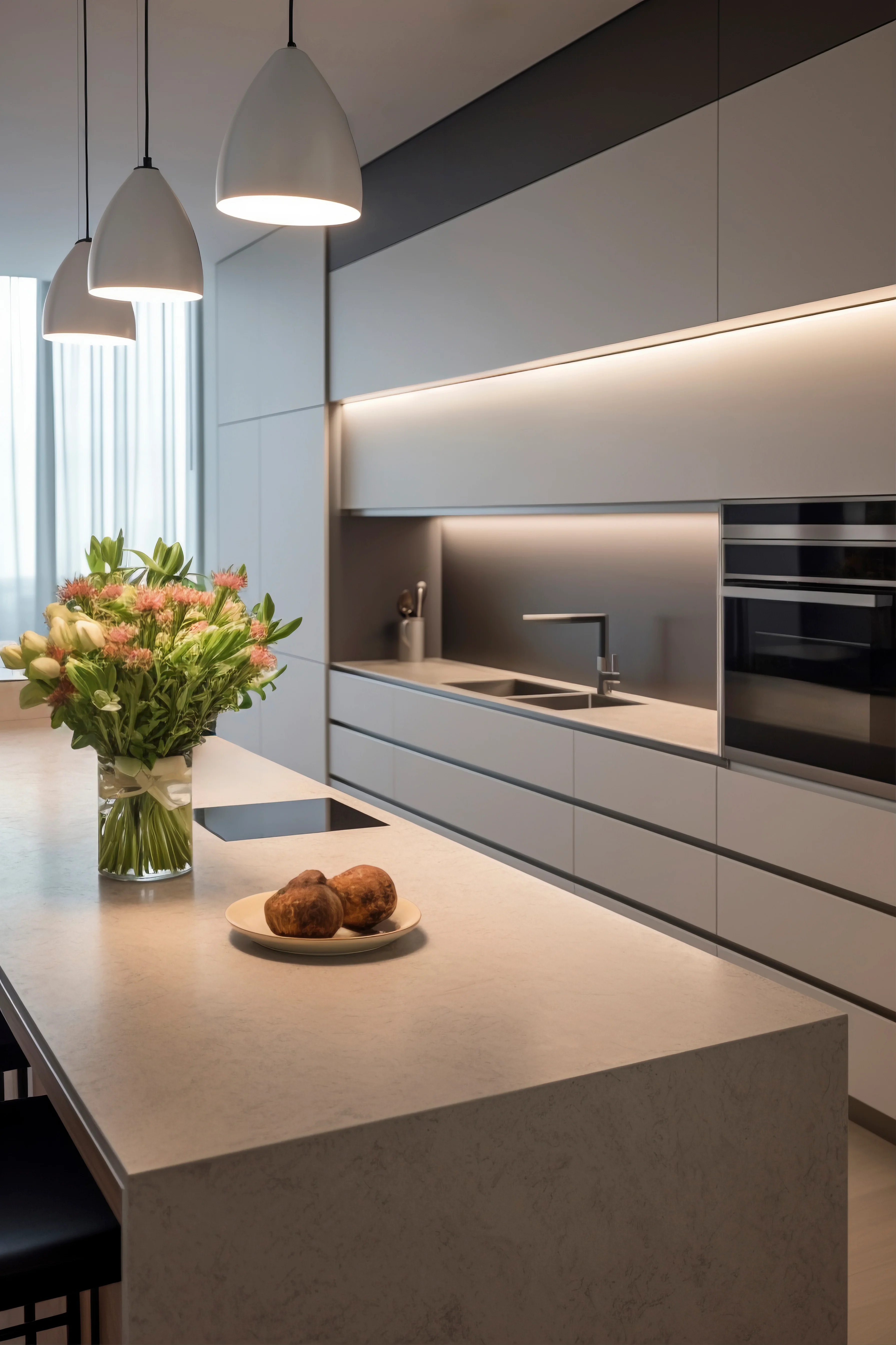 Cozinha minimalista com bancada ampla e iluminação suave.