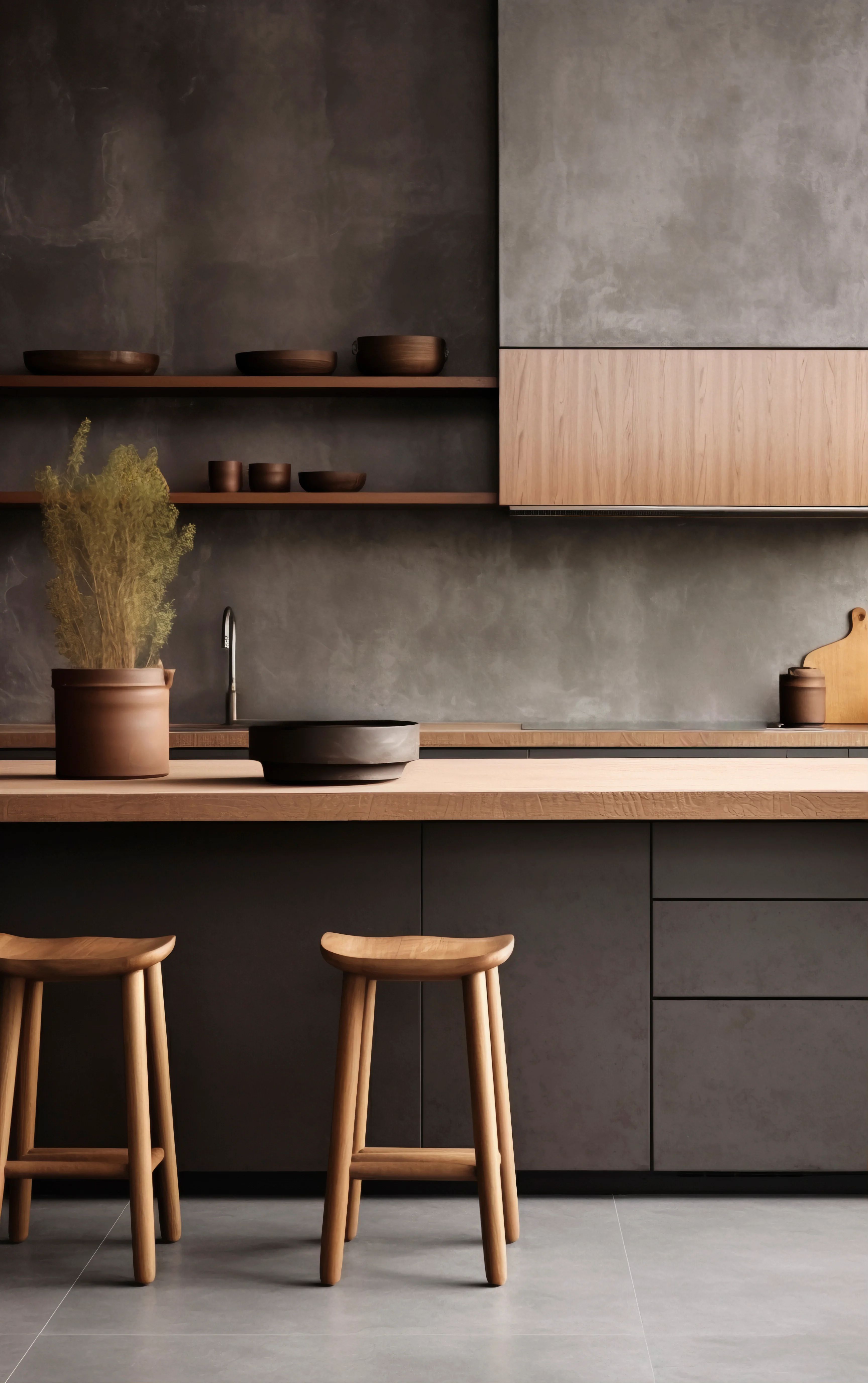 Cozinha minimalista com linhas retas e paleta neutra.