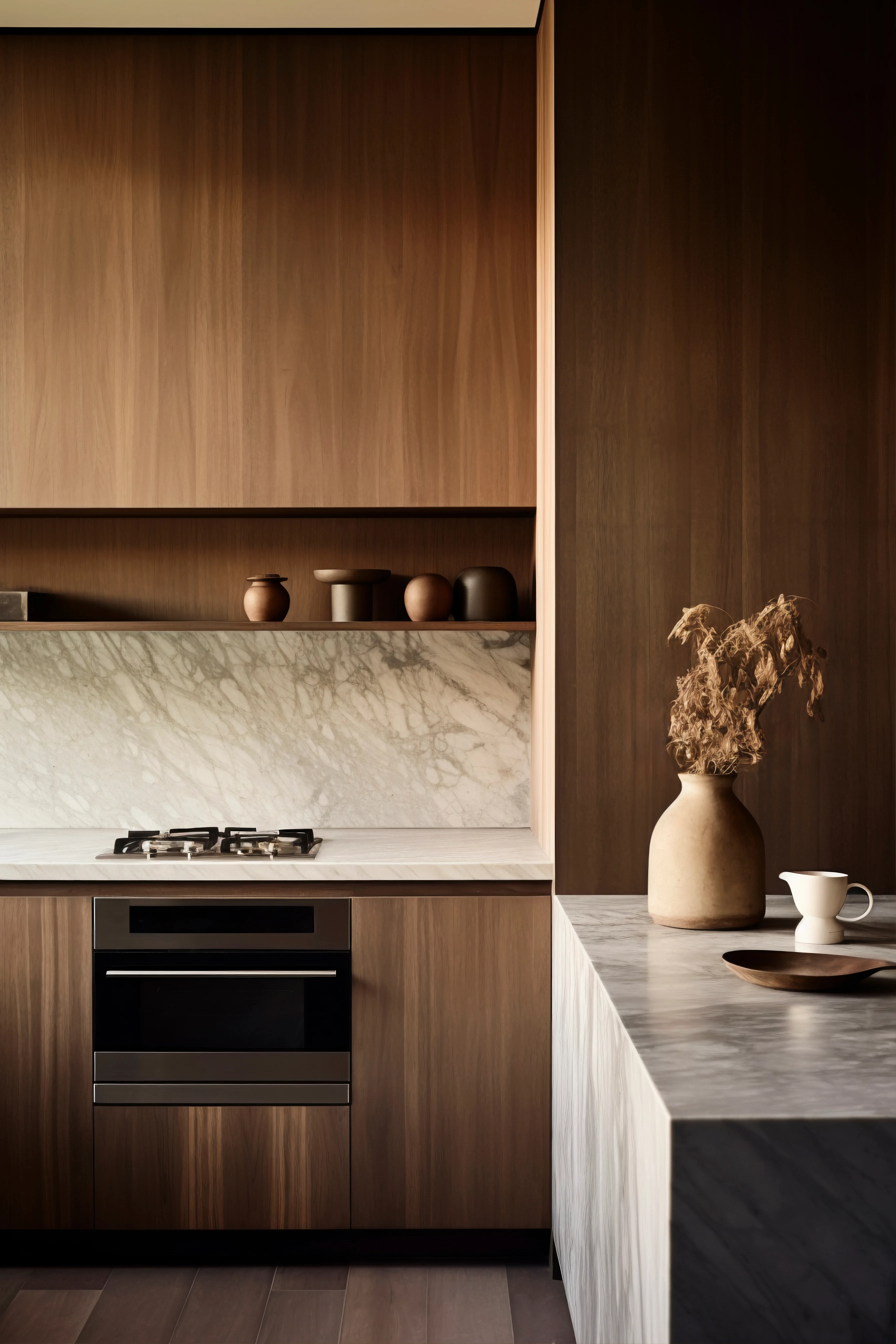 Projeto de cozinha minimalista com foco em funcionalidade e amplitude.