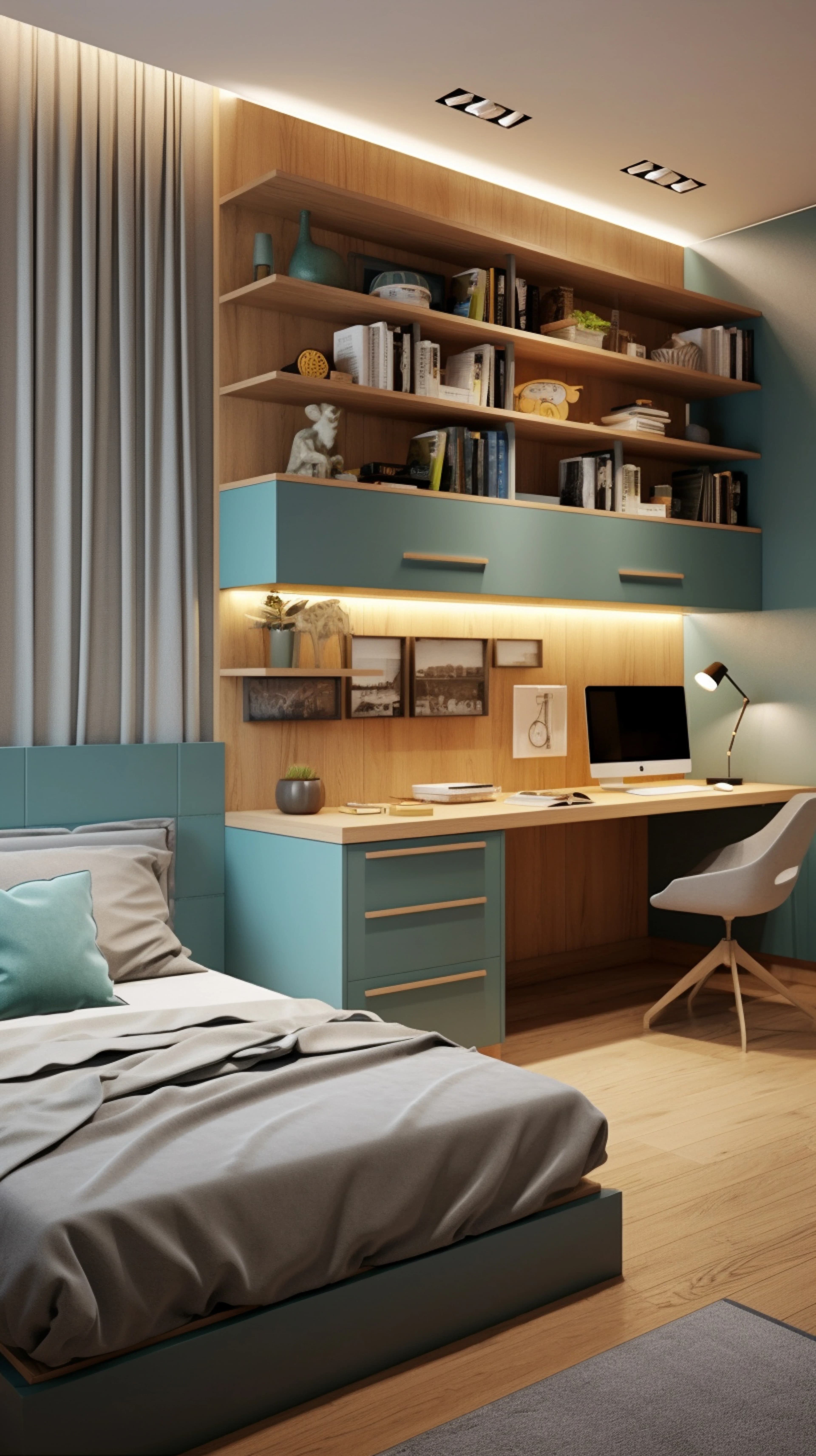 Quarto juvenil planejado com paleta suave e mobiliário funcional.