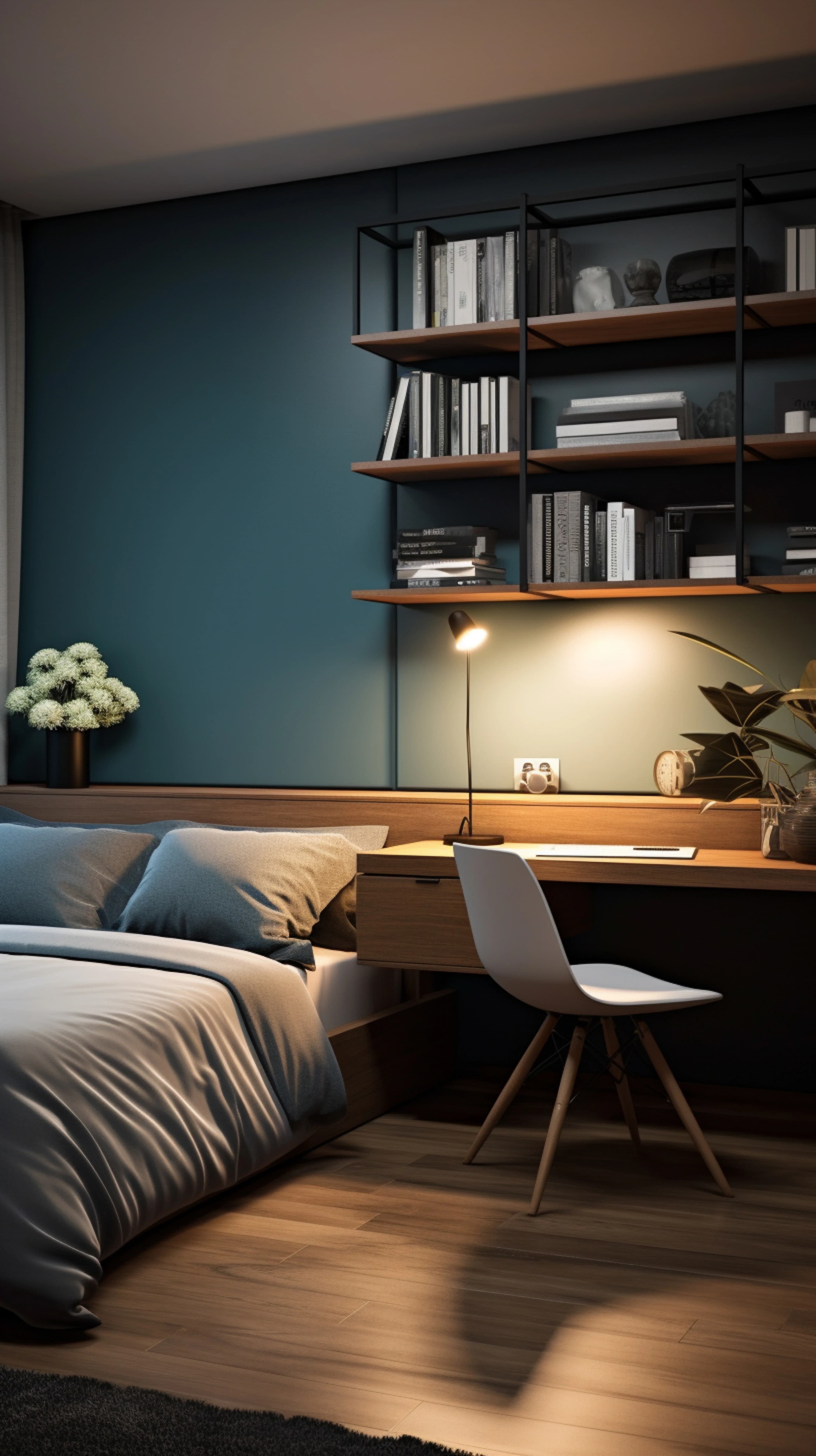 Quarto juvenil pequeno com organização funcional e decoração moderna.