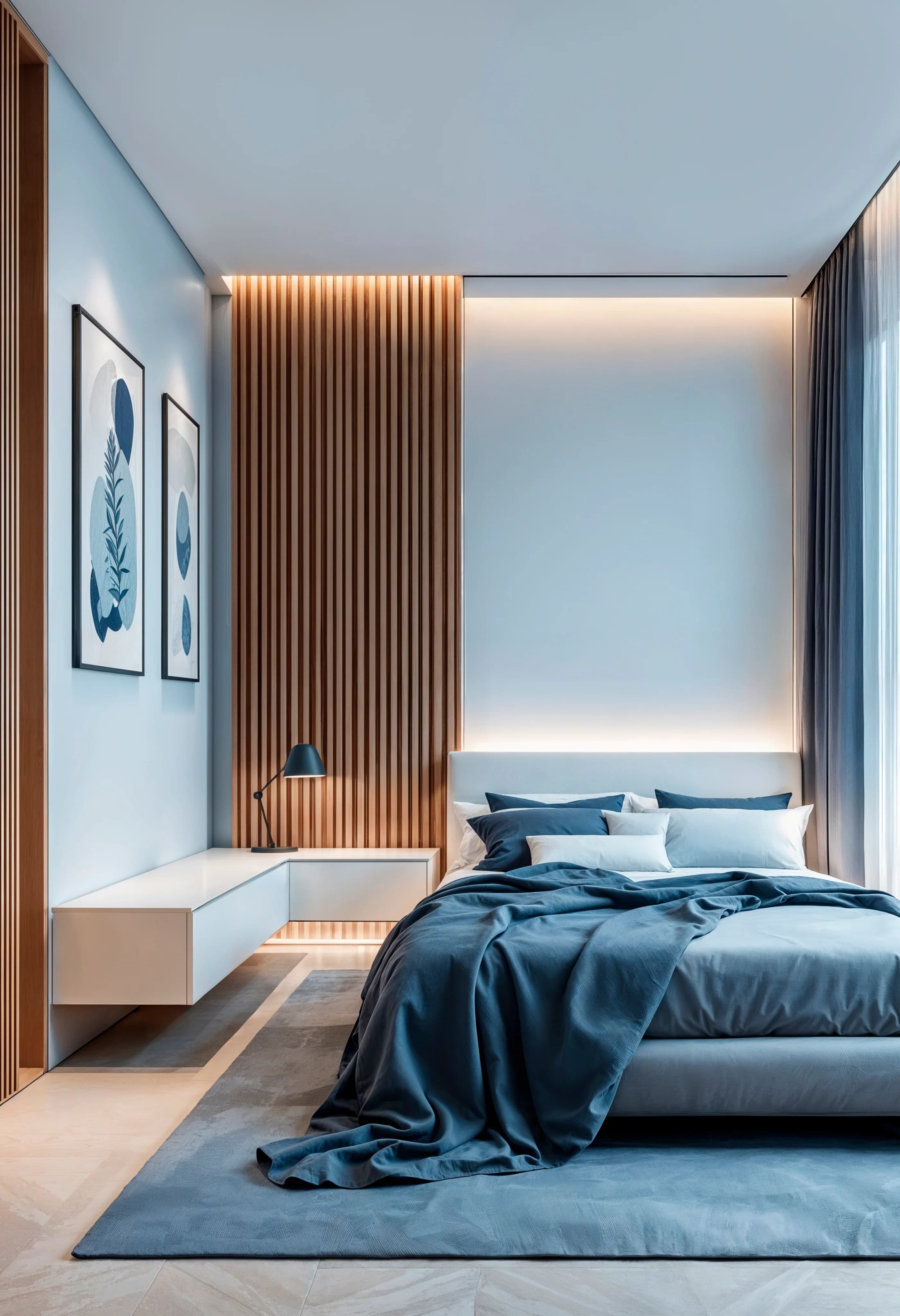 Quarto moderno com acabamento em painéis de madeira e design refinado.